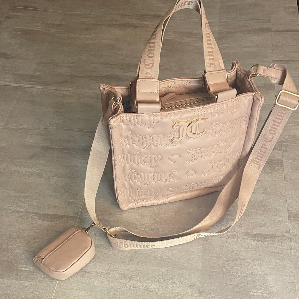 Juicy Couture Pastel Pink Signature league tote w/web strap and mini pouch